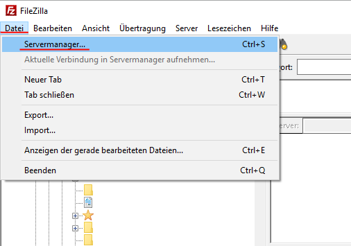 FileZilla Servermanager Menu