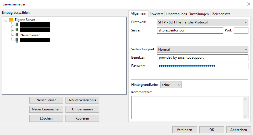 FileZilla Servermanager Menu